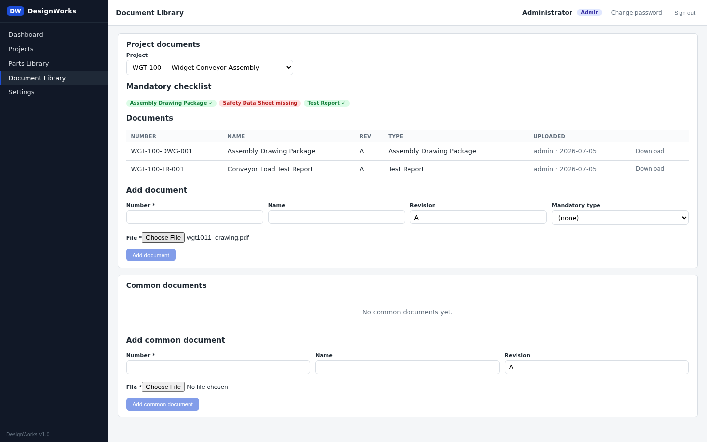 A project's document library with its mandatory-document checklist