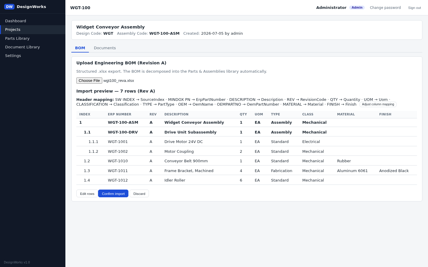 The Rev A import preview with detected header mapping and the decomposed BOM tree