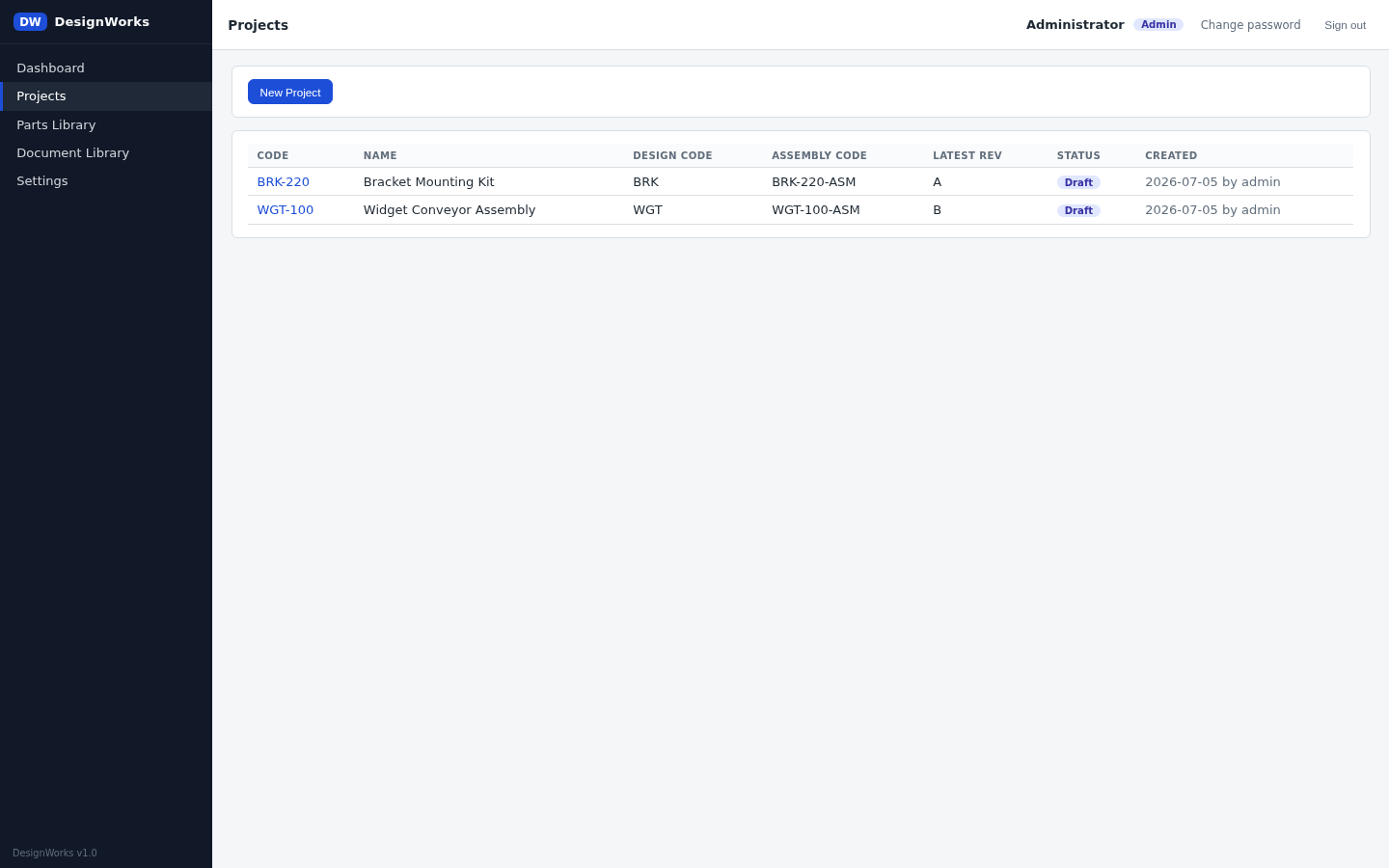 The projects list showing code, name, latest revision and status