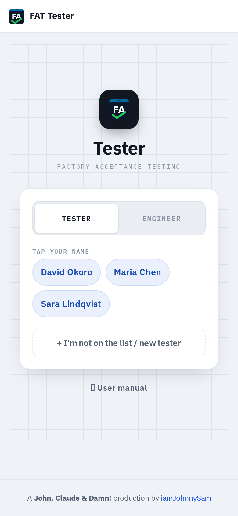 Tester login screen on a phone