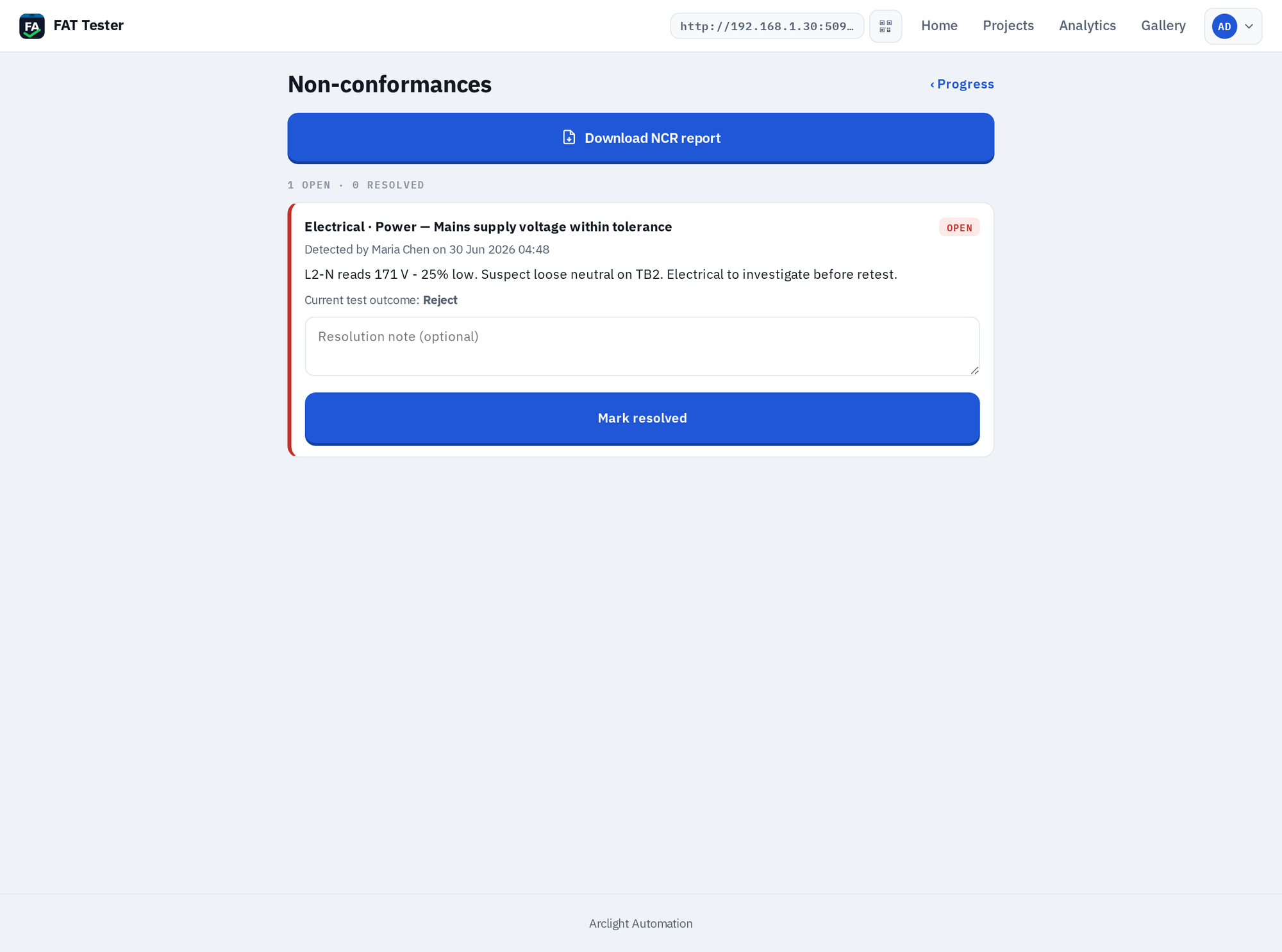 Non-conformance list with one open item