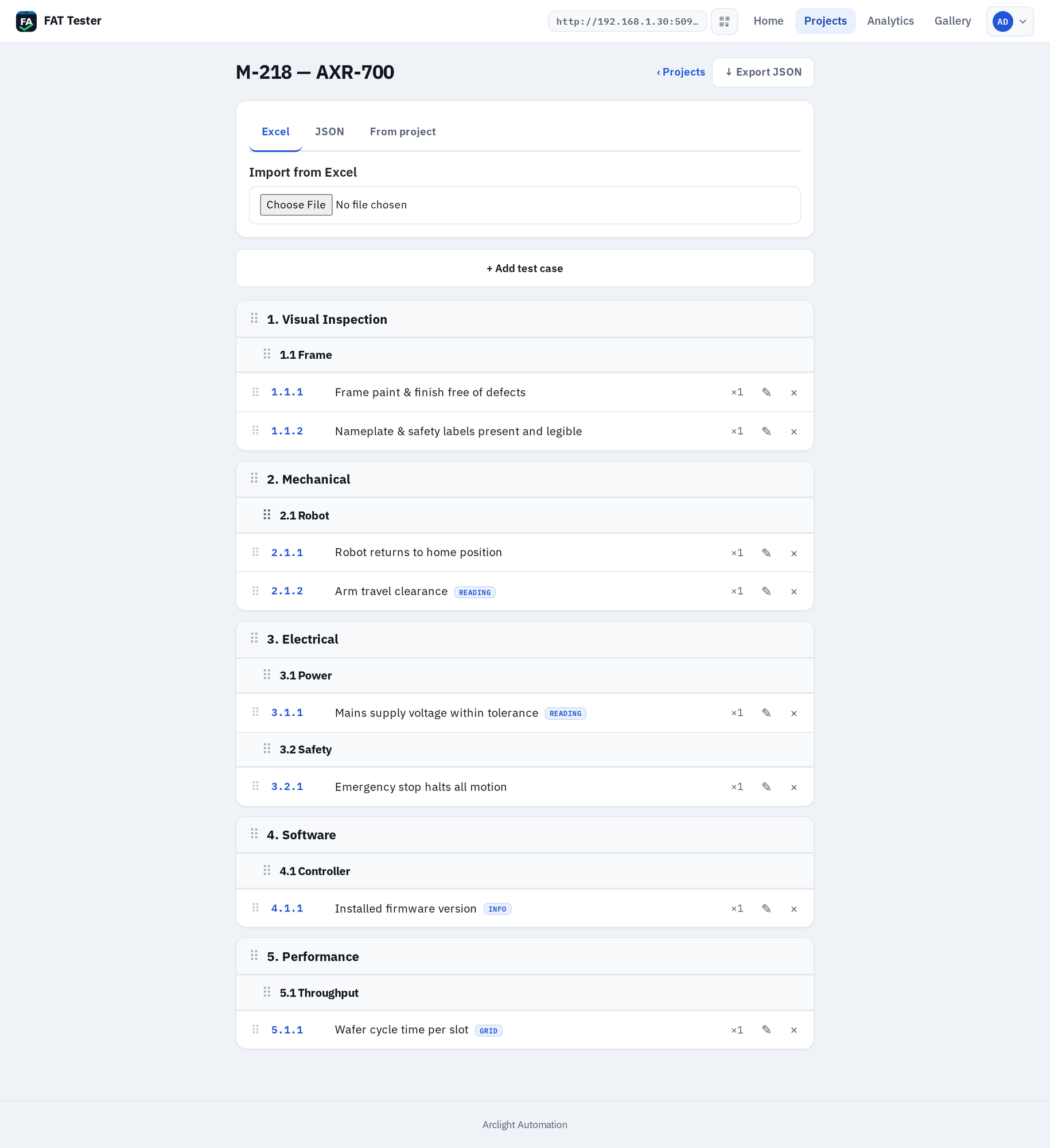 The test-plan editor with categories, modules and test cases