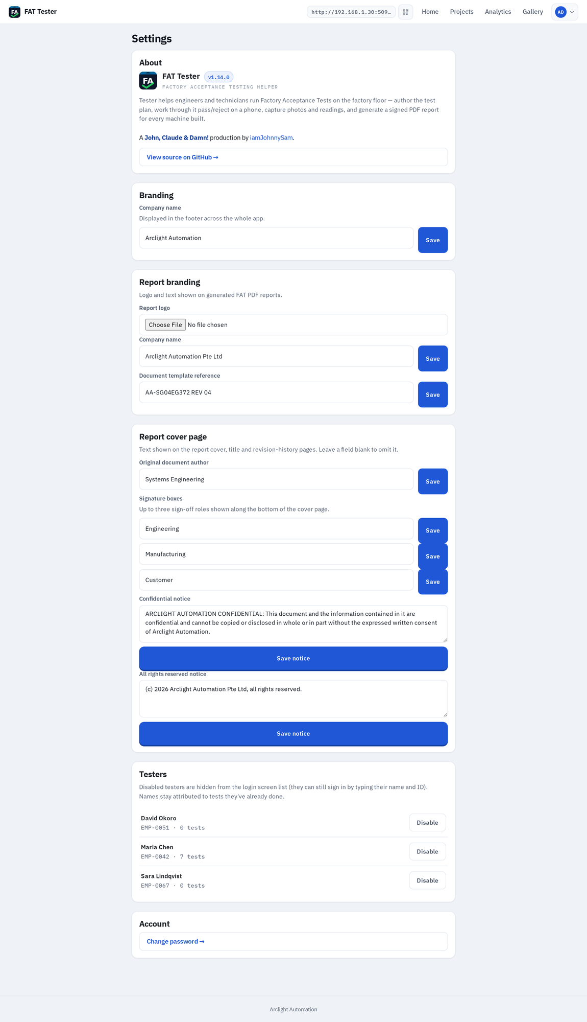 Settings page with branding and report configuration