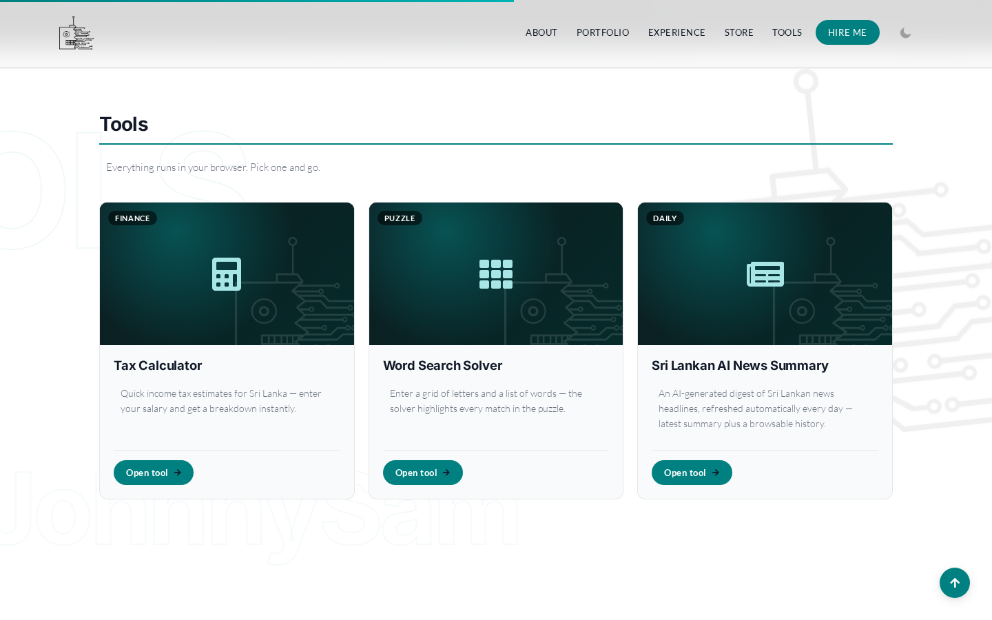 The Tools page with the tax calculator, word search solver and Sri Lankan AI News Summary